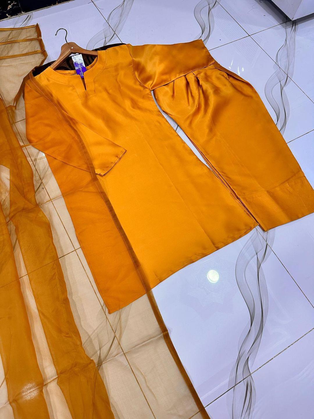 Mustard 3Pcs Stitched Farshi Suit with Organza Dupatta