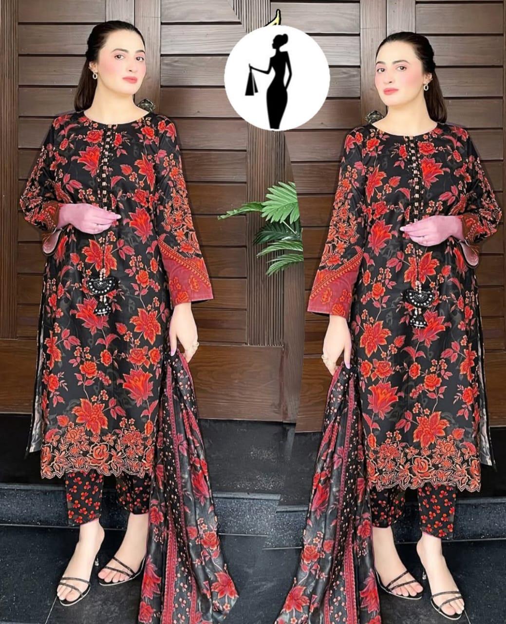 3 Pcs Women's Stitched Printed Suit