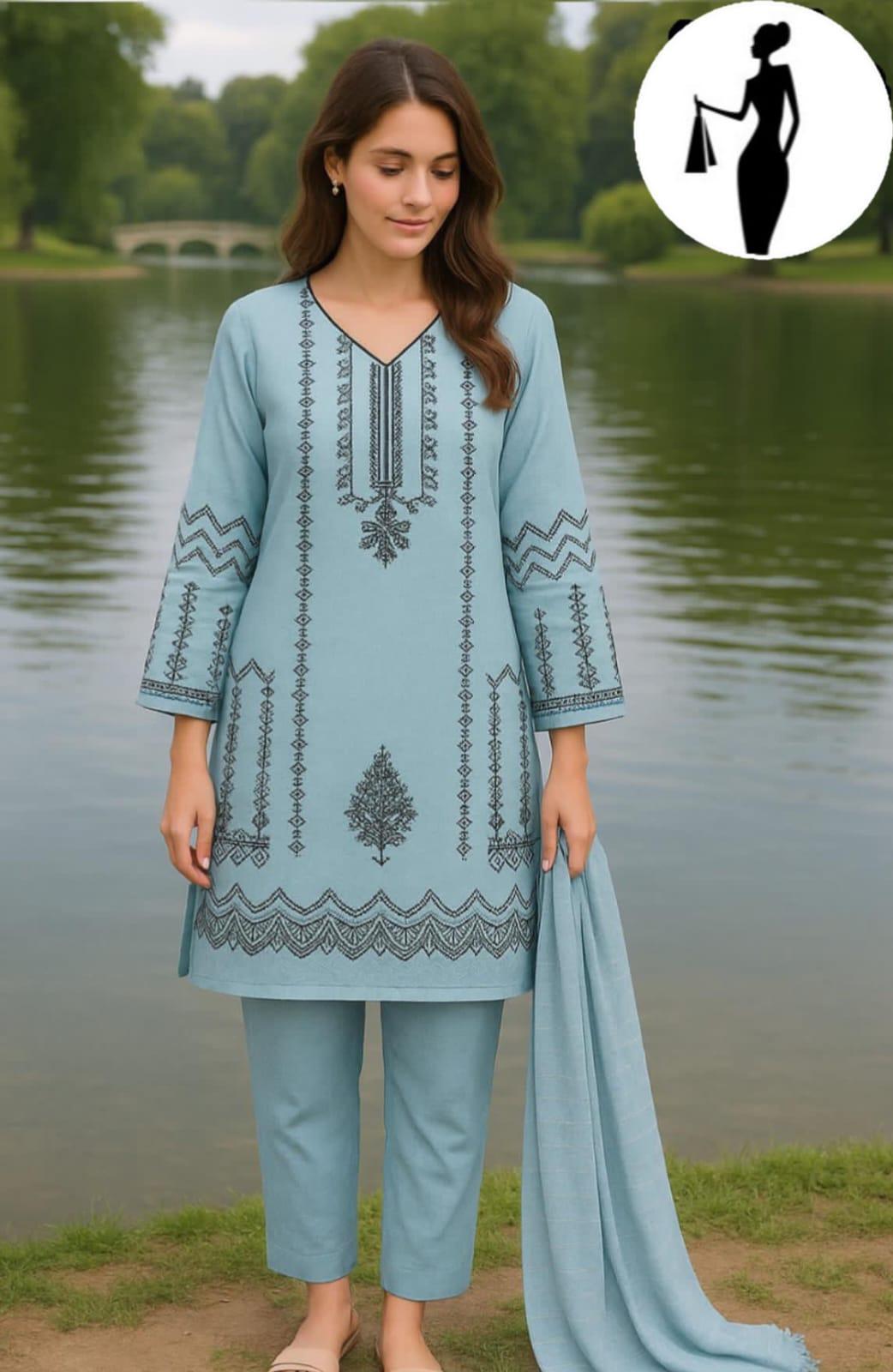 3 Pcs Women's Stitched Embroidered Suit