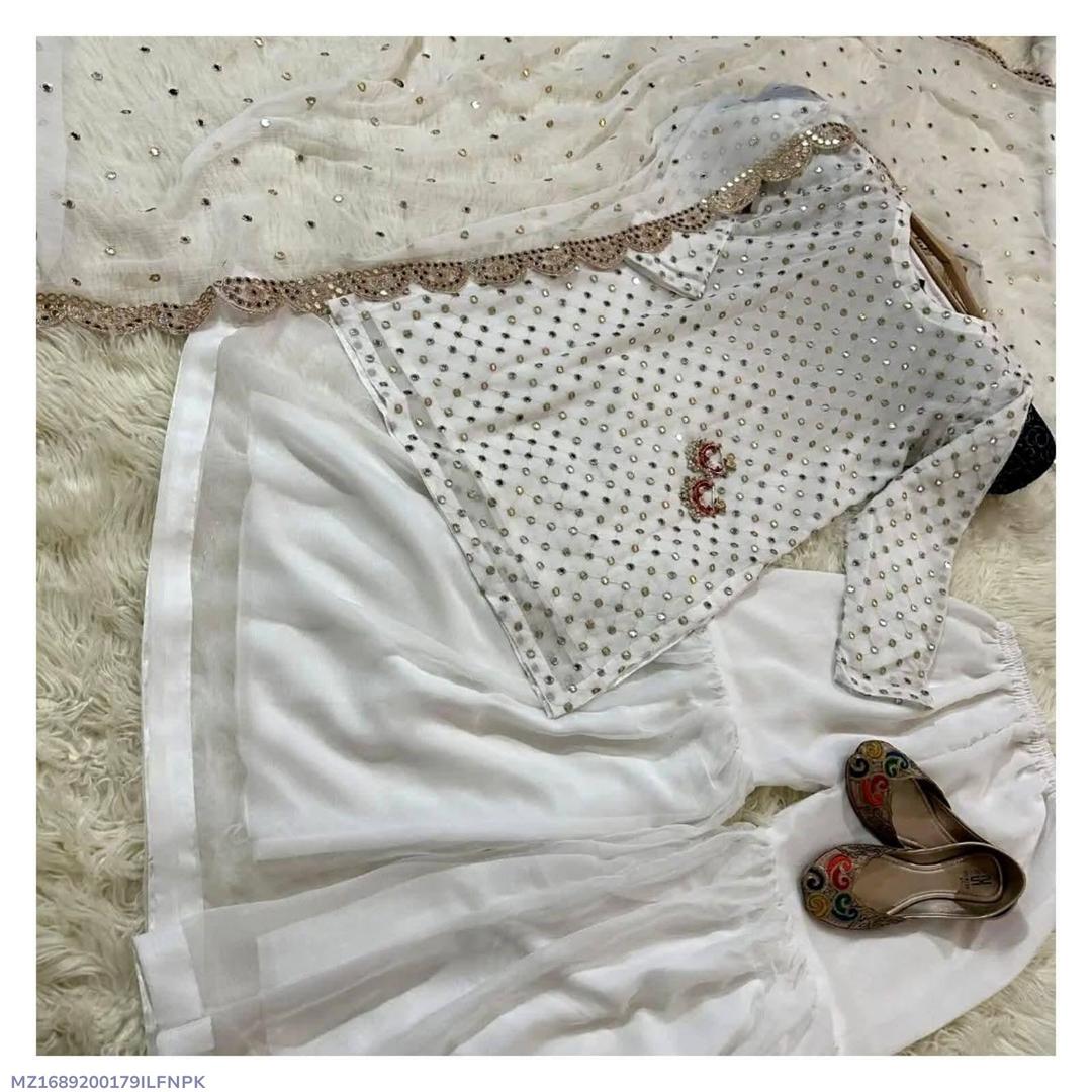 White 3-Piece Mirror Work Chiffon Suit for Women