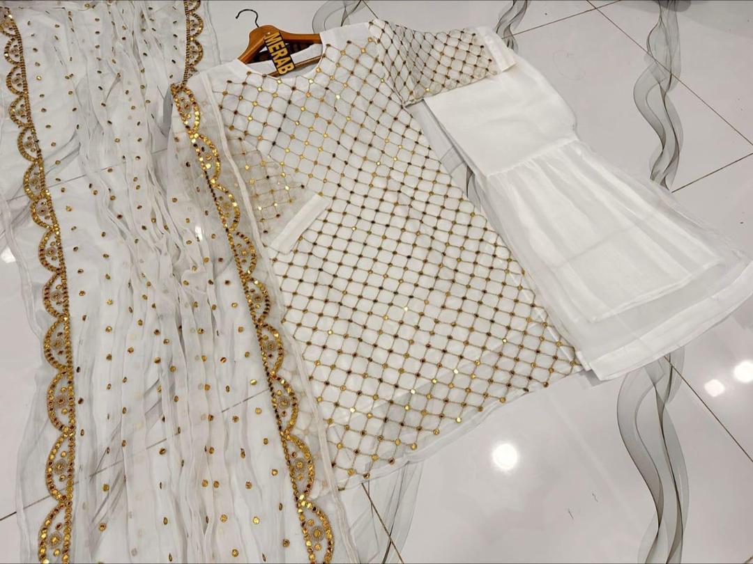 White 3-Piece Mirror Work Chiffon Suit for Women