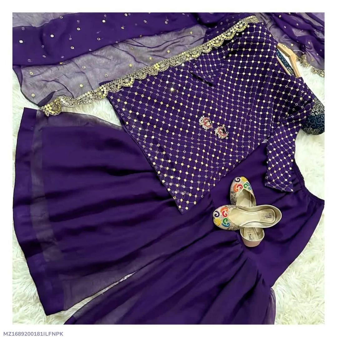 Purple 3Pcs Mirror Work Chiffon Suit Party Wear