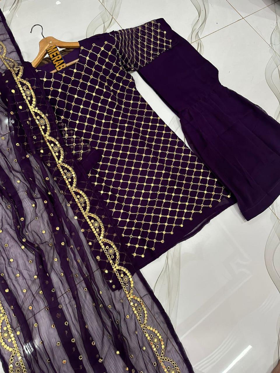 Purple 3Pcs Mirror Work Chiffon Suit Party Wear