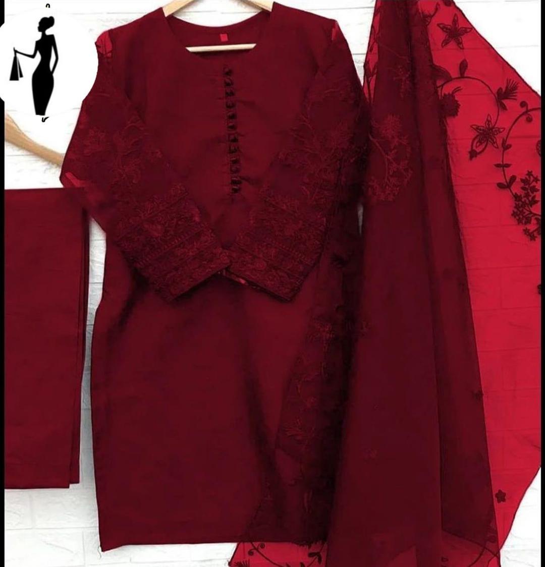 3 Pcs Women's Stitched Embroidered Suit