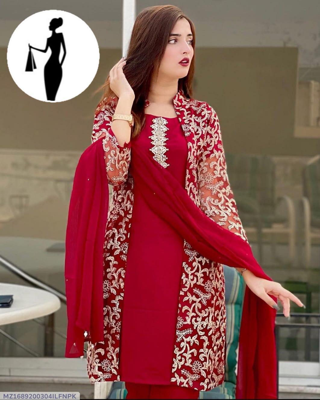 Maroon 4 Pcs Embroidered Gown Suit Shamoz Silk
