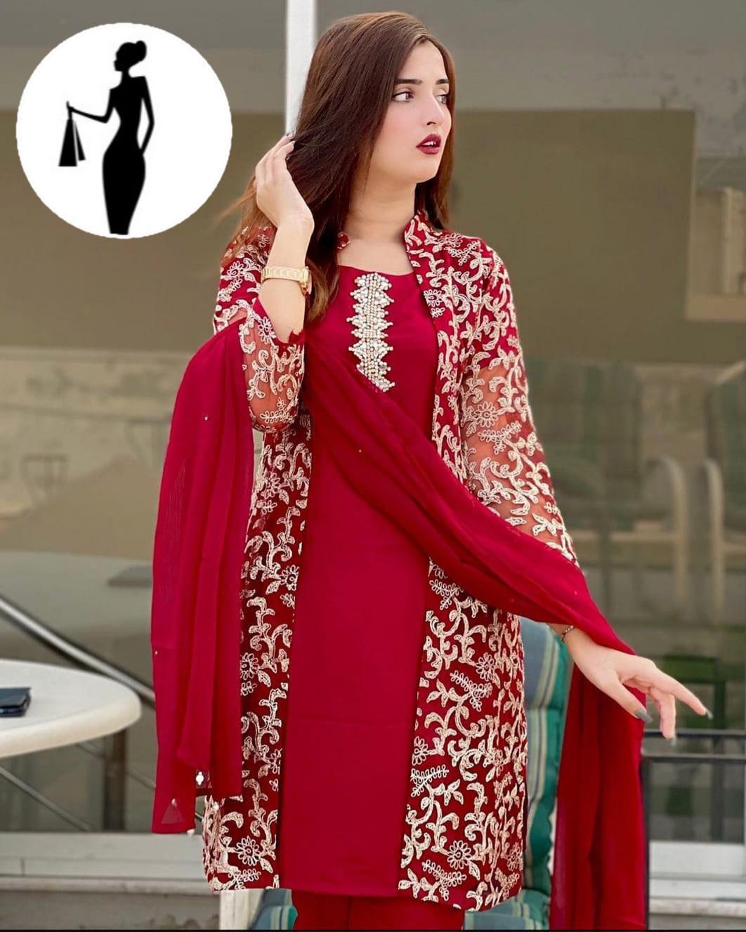 Elegant Maroon 4 Pcs Women's Stitched Gown Suit in Shamoz Silk with Embroidered Design