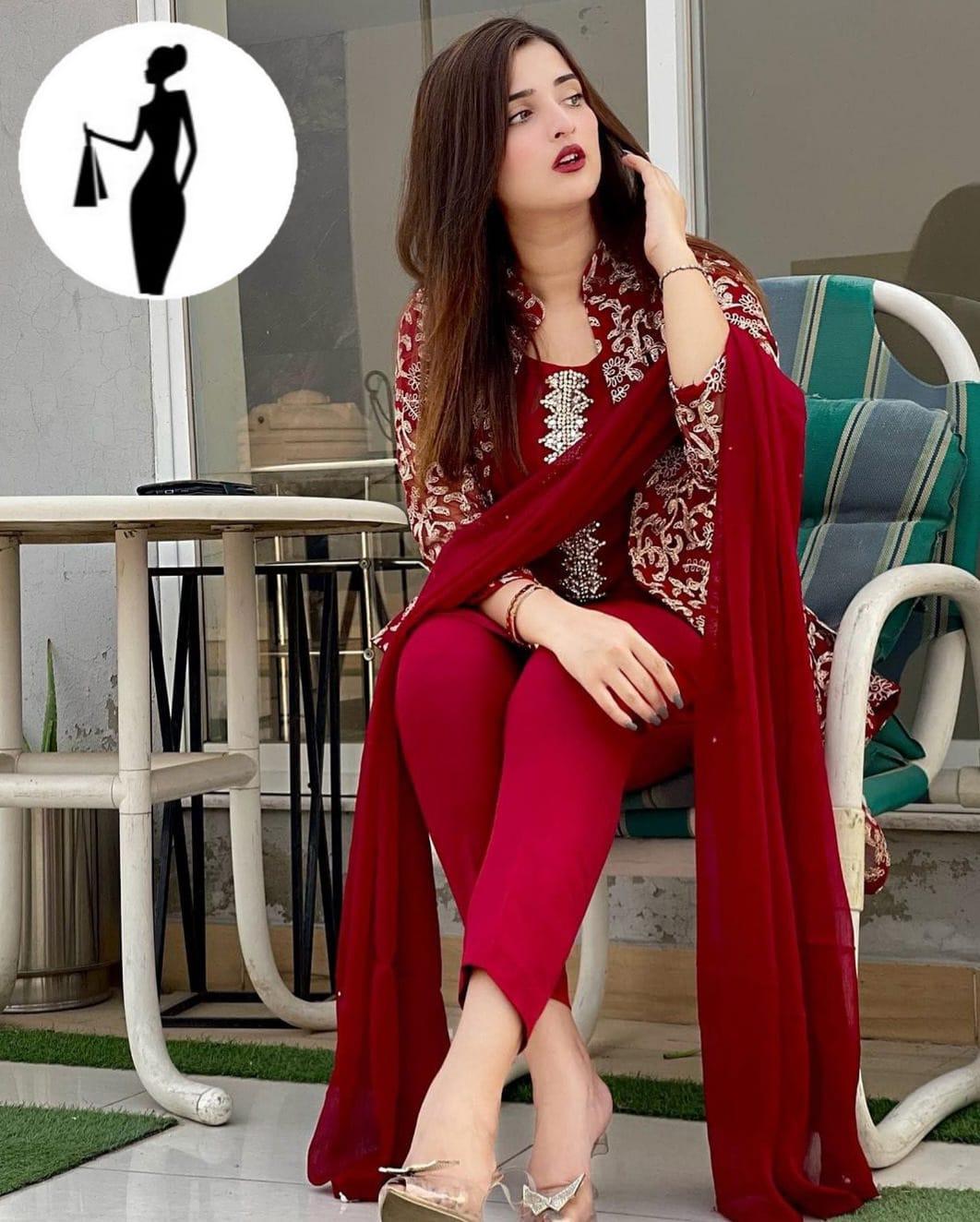 Maroon 4 Pcs Embroidered Gown Suit Shamoz Silk