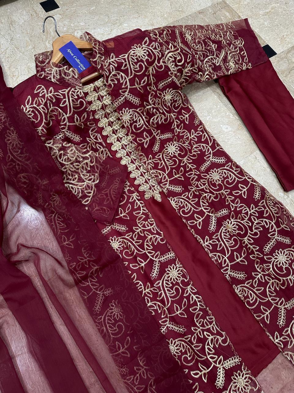 Maroon 4 Pcs Embroidered Gown Suit Shamoz Silk
