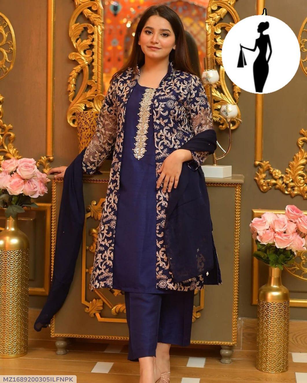 Blue Embroidered Shamoz Silk 4-Piece Gown Suit