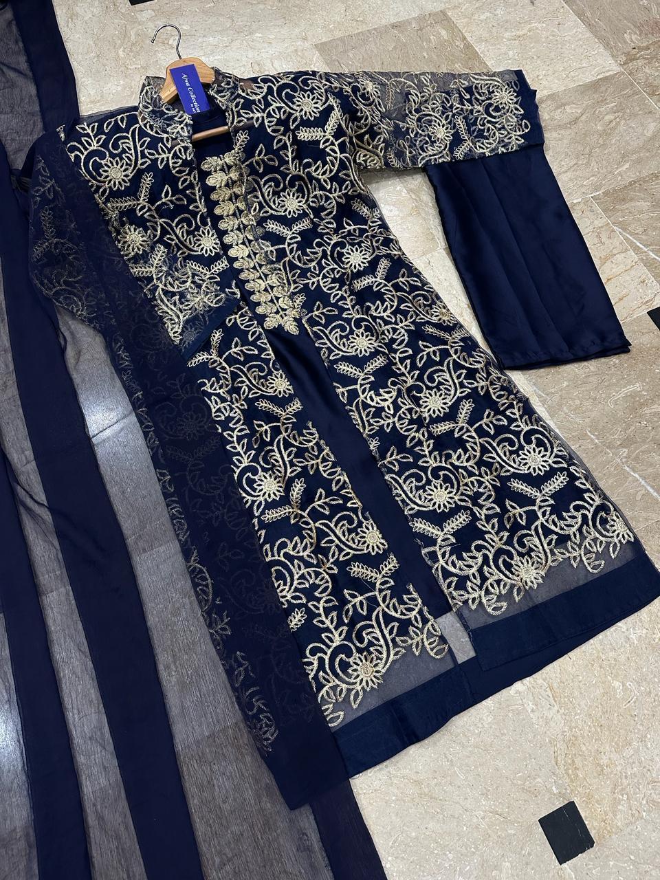 Blue Embroidered Shamoz Silk 4-Piece Gown Suit