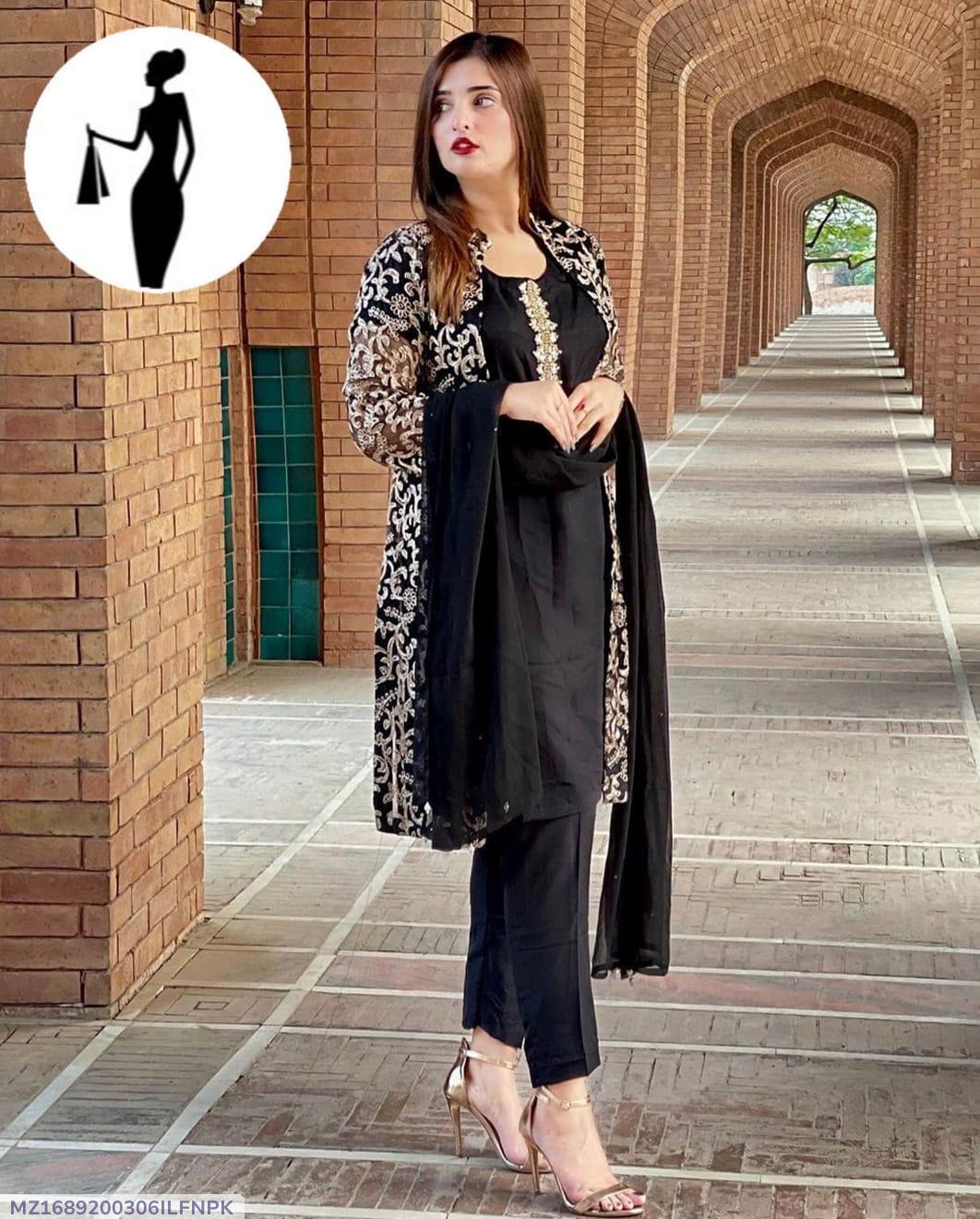 Black Embroidered 4-Piece Shamoz Silk Gown Suit Set