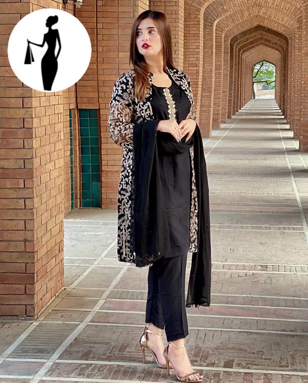 Stylish Women's Stitched Gown Suit Set - 4 Pcs Embroidered Shamoz Silk in Black