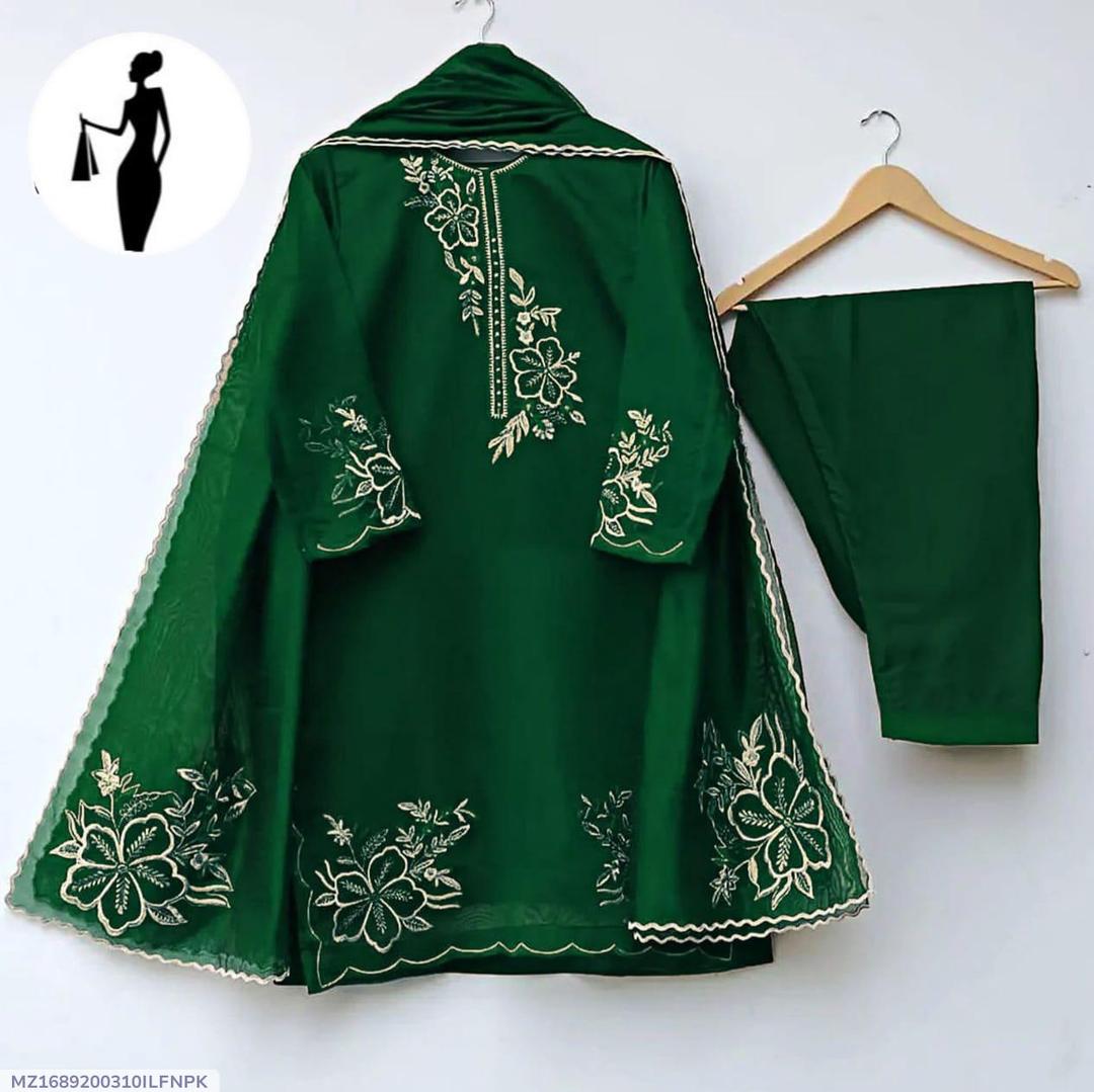 3 Pcs Women's Stitched Embroidered Suit Neck Daman Sleeves Zarri Embroidered Bunches And Border Cuttwork On Shirt With Embroidered Dupatta And Trouser
