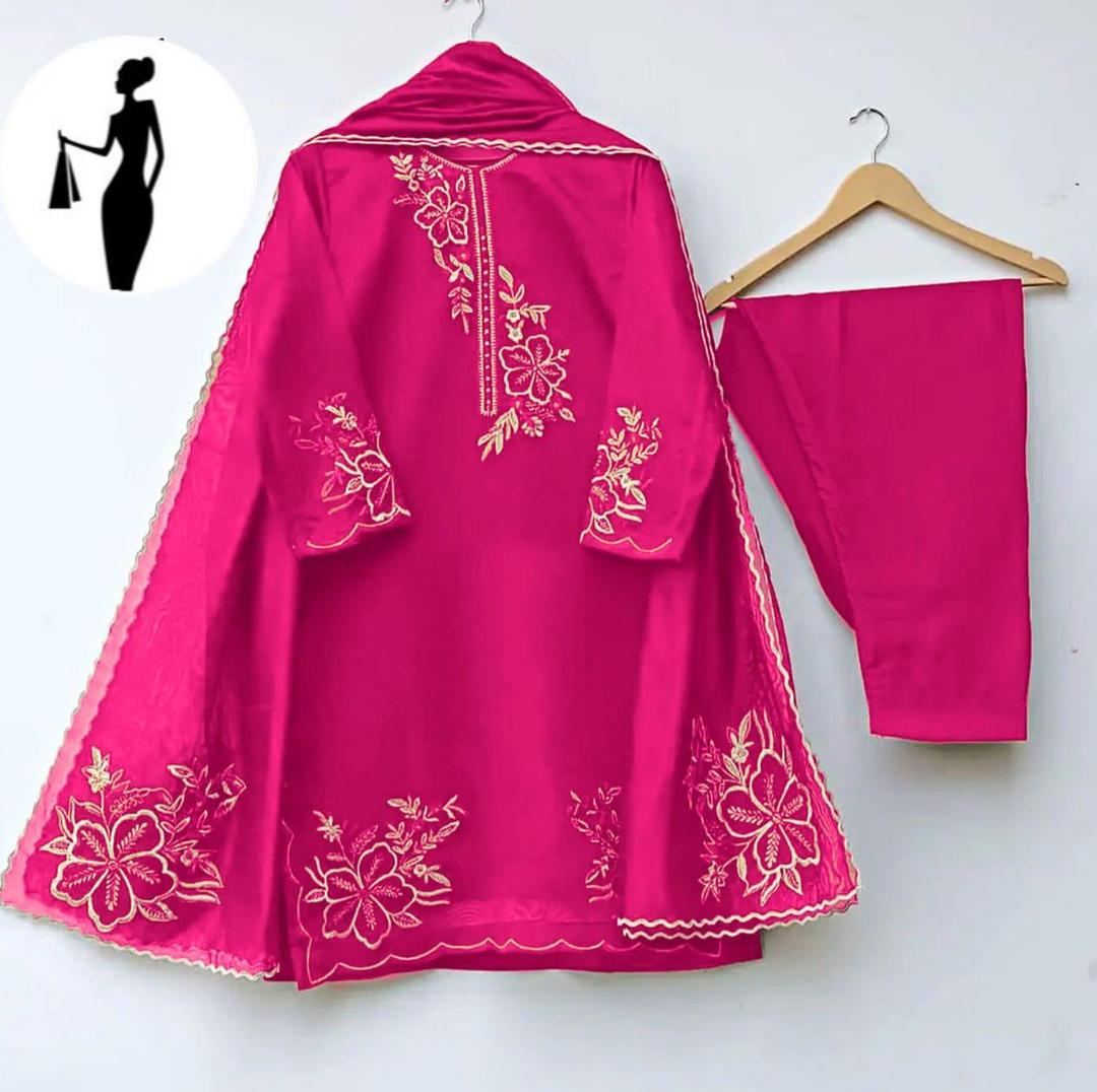 Pink Embroidered 3Pcs Women Suit Organza