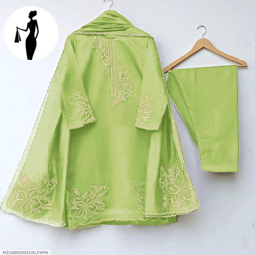 3 Pcs Women Green Organza Embroidered Suit