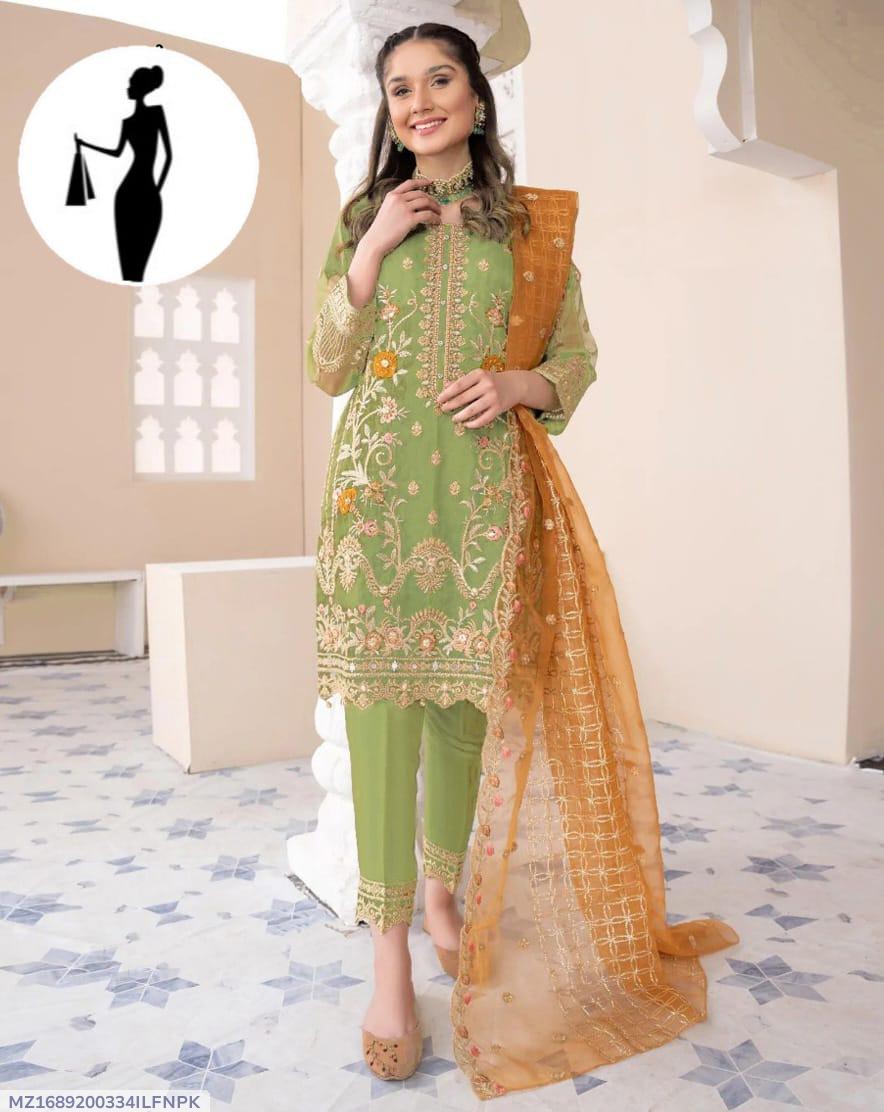 Green Embroidered 3Pcs Women Suit Organza Dupatta
