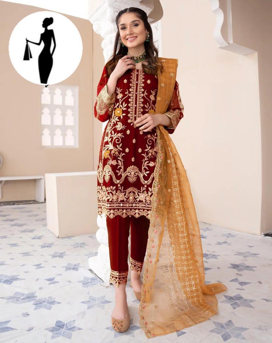 3 Pcs Women's Stitched Embroidered Suit
