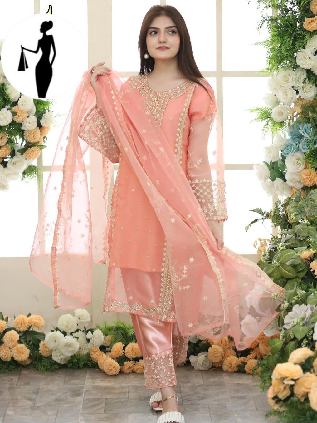 3 Pcs Women's Stitched Embroidered Suit
