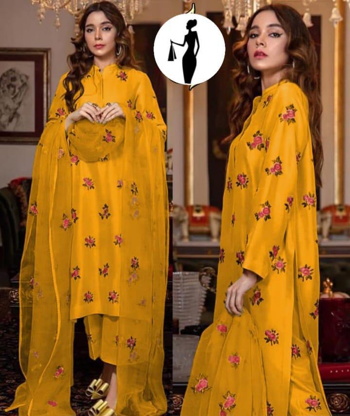 3 Pcs Women's Stitched Shamoz Silk Embroidered Suit