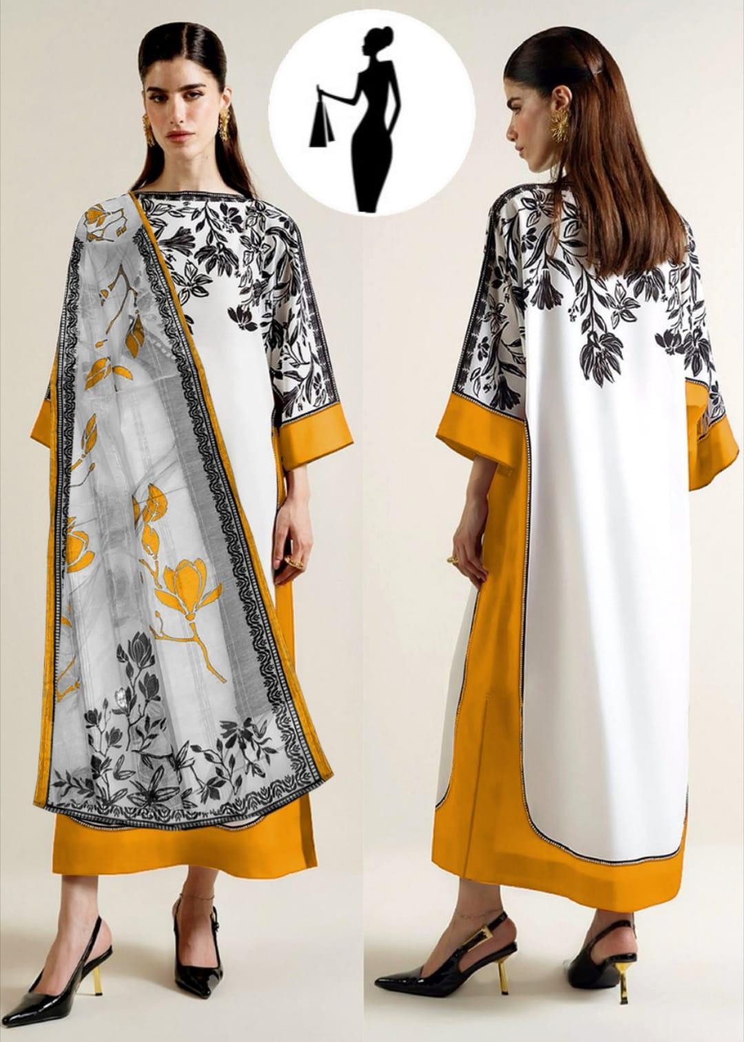 3 Pcs Women's Stitched Arabic Lawn Printed Suit