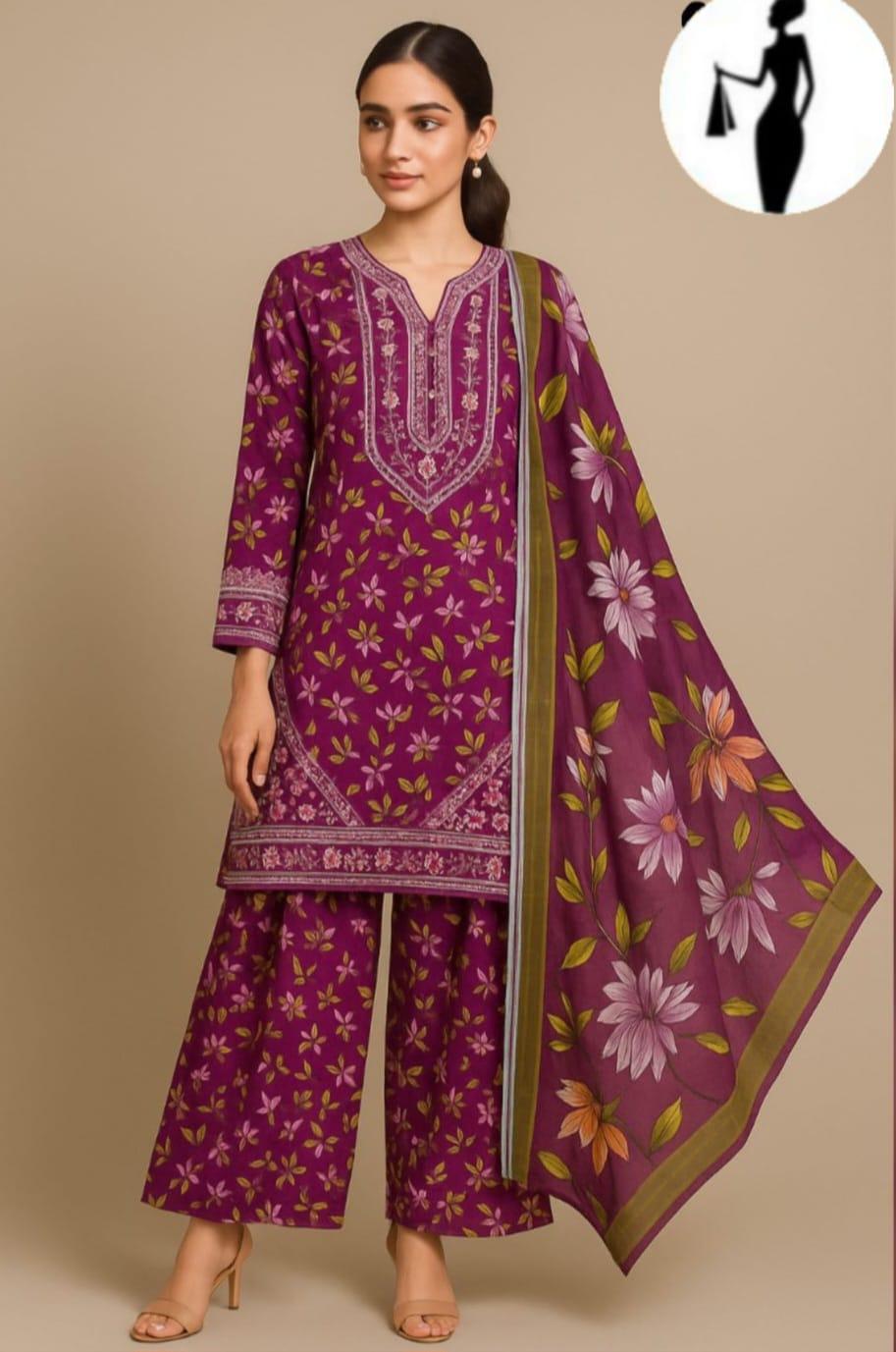 3 Pcs Women's Stitched Lawn Sequins Embroidered Suit