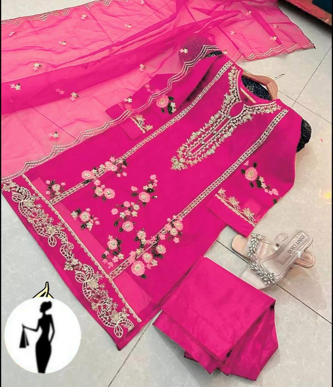 3 Pcs Women's Stitched Organza Embroidered Suit