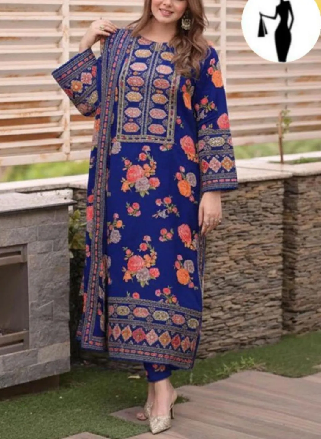 3 Pcs Women's Stitched Dobby Lawn Sequins Embroidered Suit