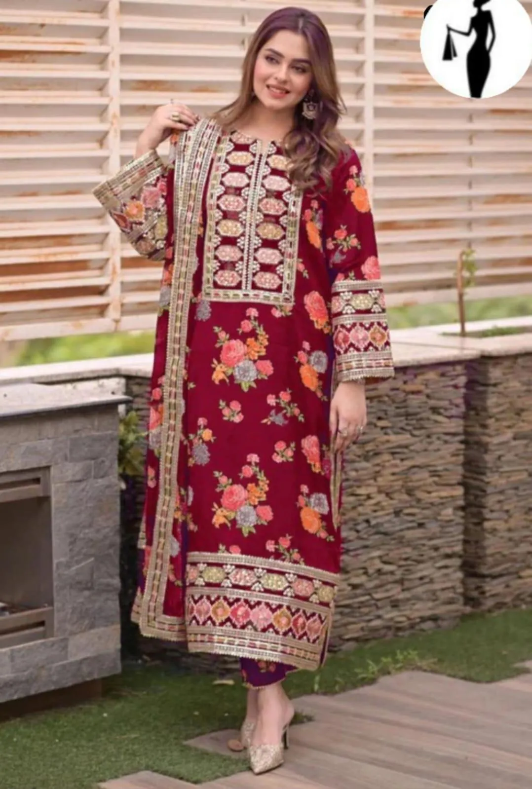 3 Pcs Women's Stitched Dobby Lawn Sequins Embroidered Suit