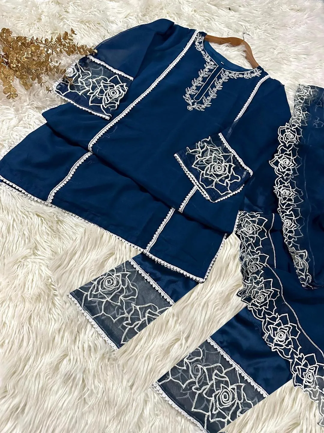 3 Pcs Women's Stitched Organza Embroidered Suit