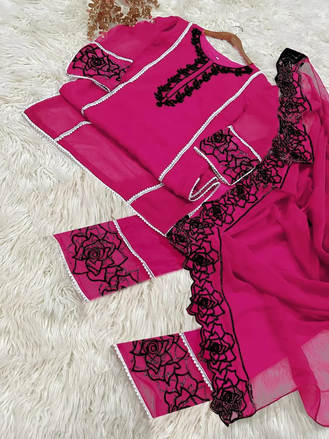 3 Pcs Women's Stitched Organza Embroidered Suit