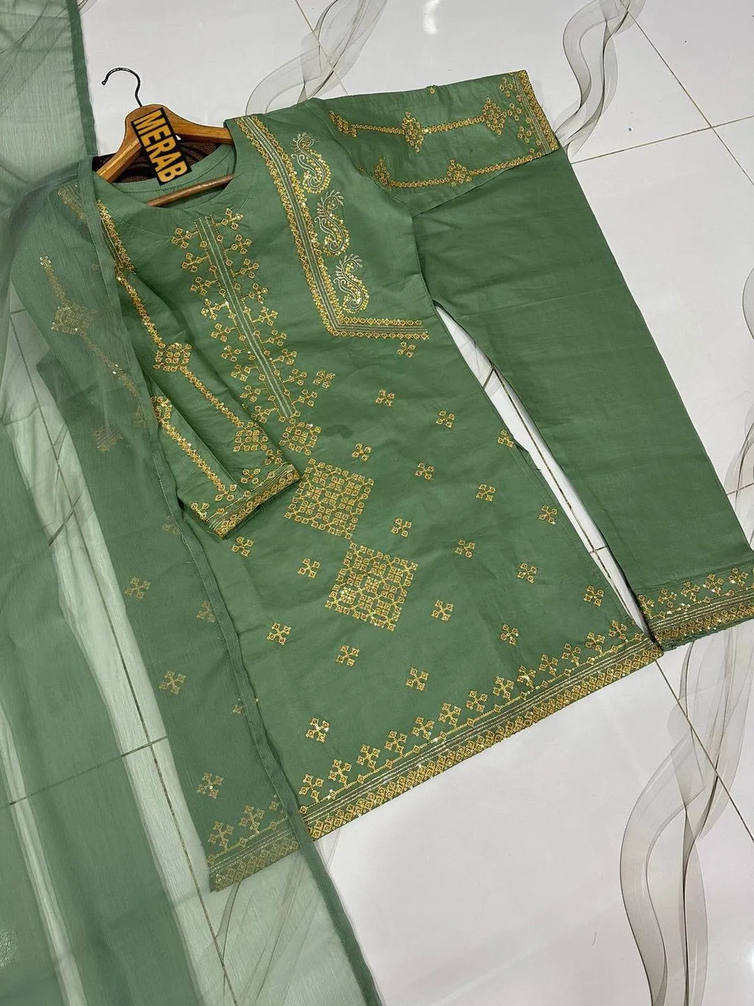 3 Pcs Women's Stitched Cotton Sequins Embroidered Suit