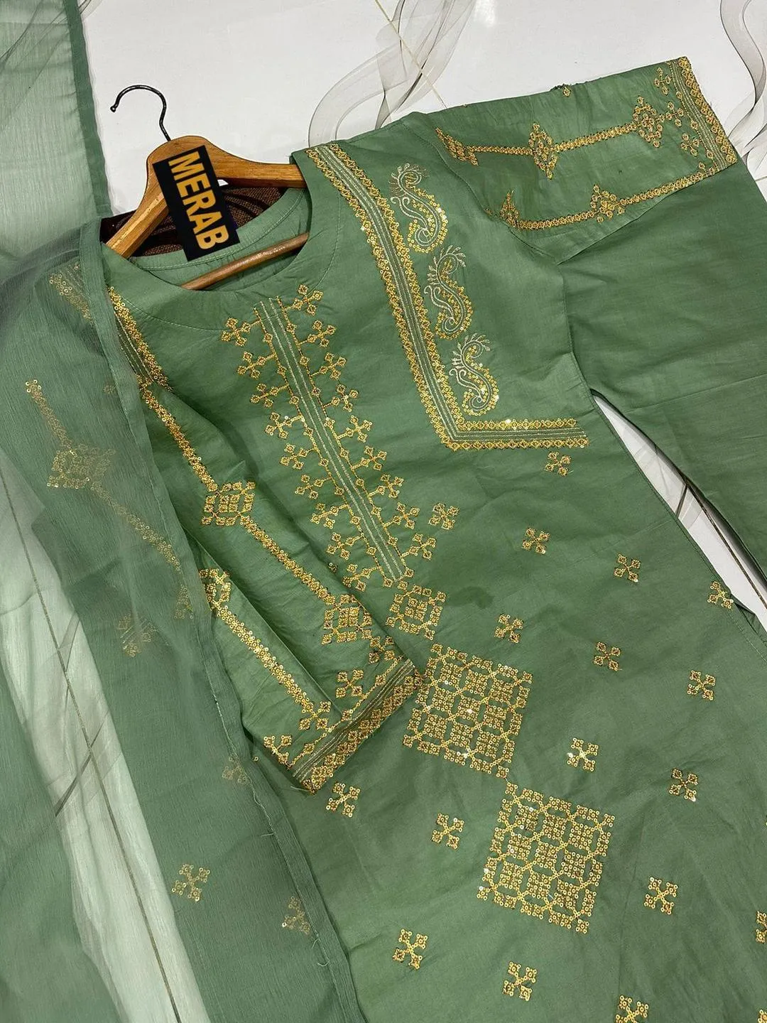 3 Pcs Women's Stitched Cotton Sequins Embroidered Suit