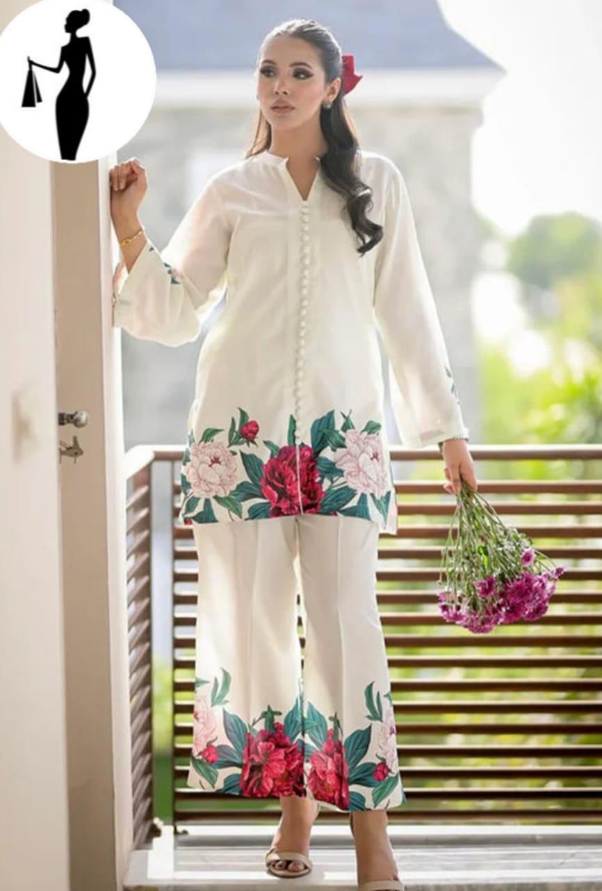 2 Pcs Women's Stitched Printed Shirt And Trouser