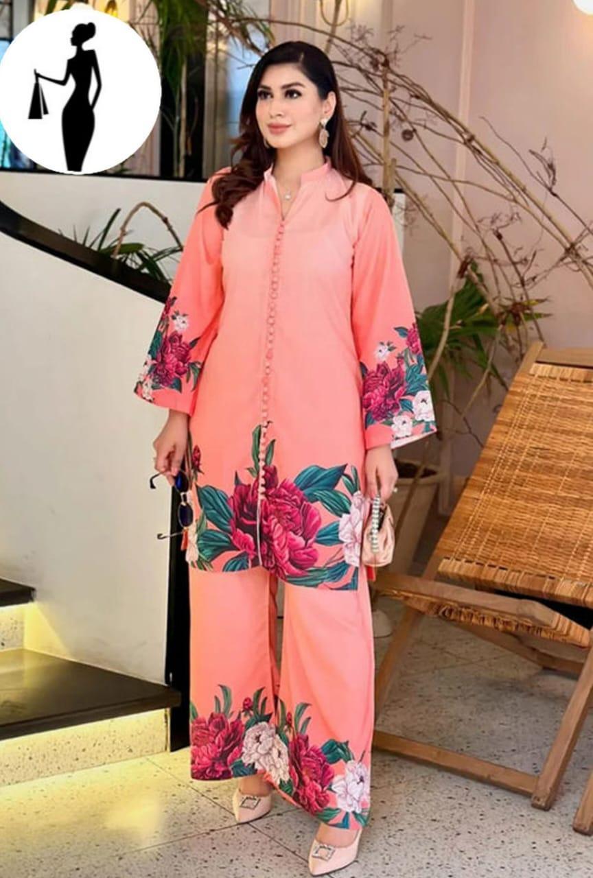 2 Pcs Women's Stitched Printed Shirt And Trouser