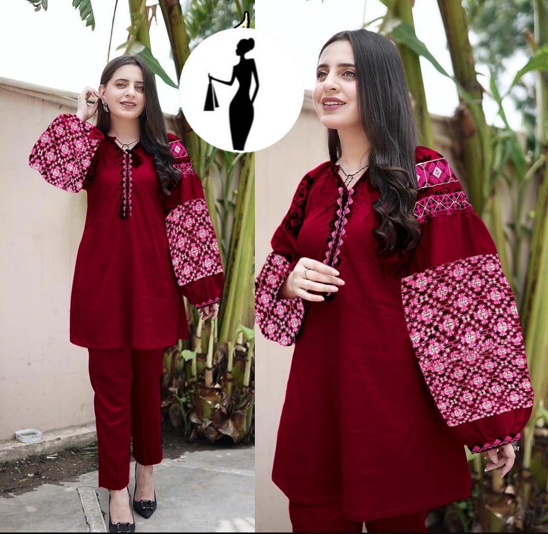 2 Pcs Women's Stitched Embroidered Shirt And Trouser