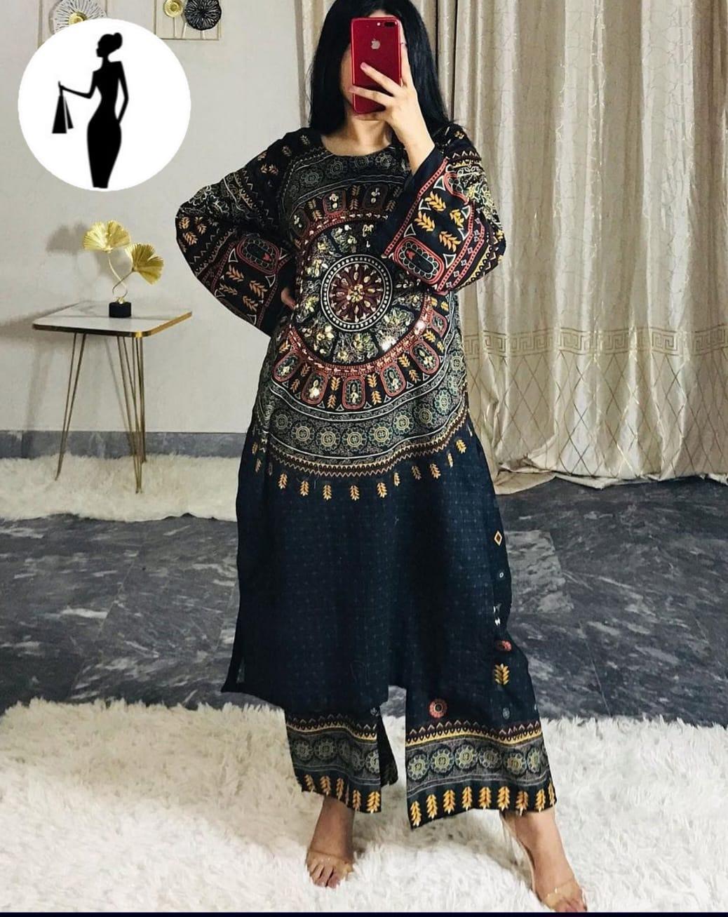 2 Pcs Women's Stitched Mirror Work Shirt And Trouser