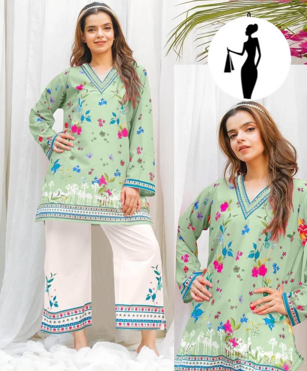2 Pcs Women's Stitched Swiss Lawn Printed Co-Ord Set