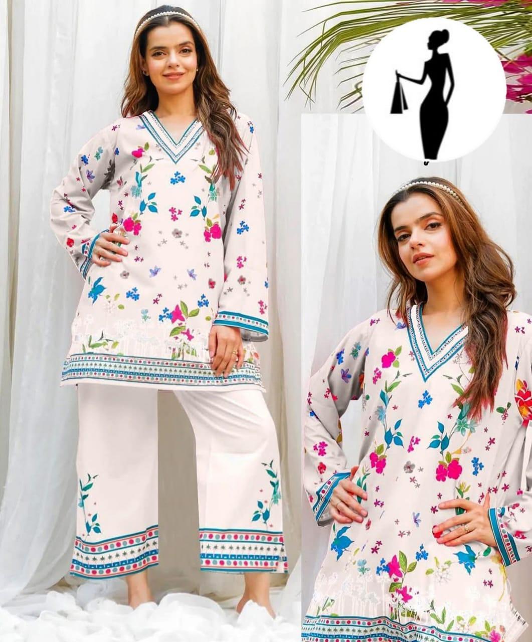 2 Pcs Women's Stitched Swiss Lawn Printed Co-Ord Set