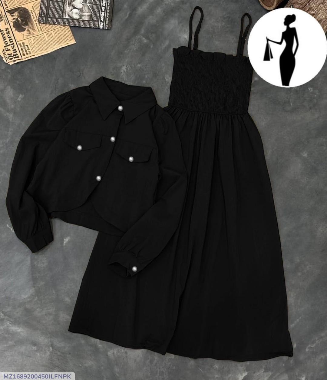 Black Linen 2Pcs Frock & Jacket Set