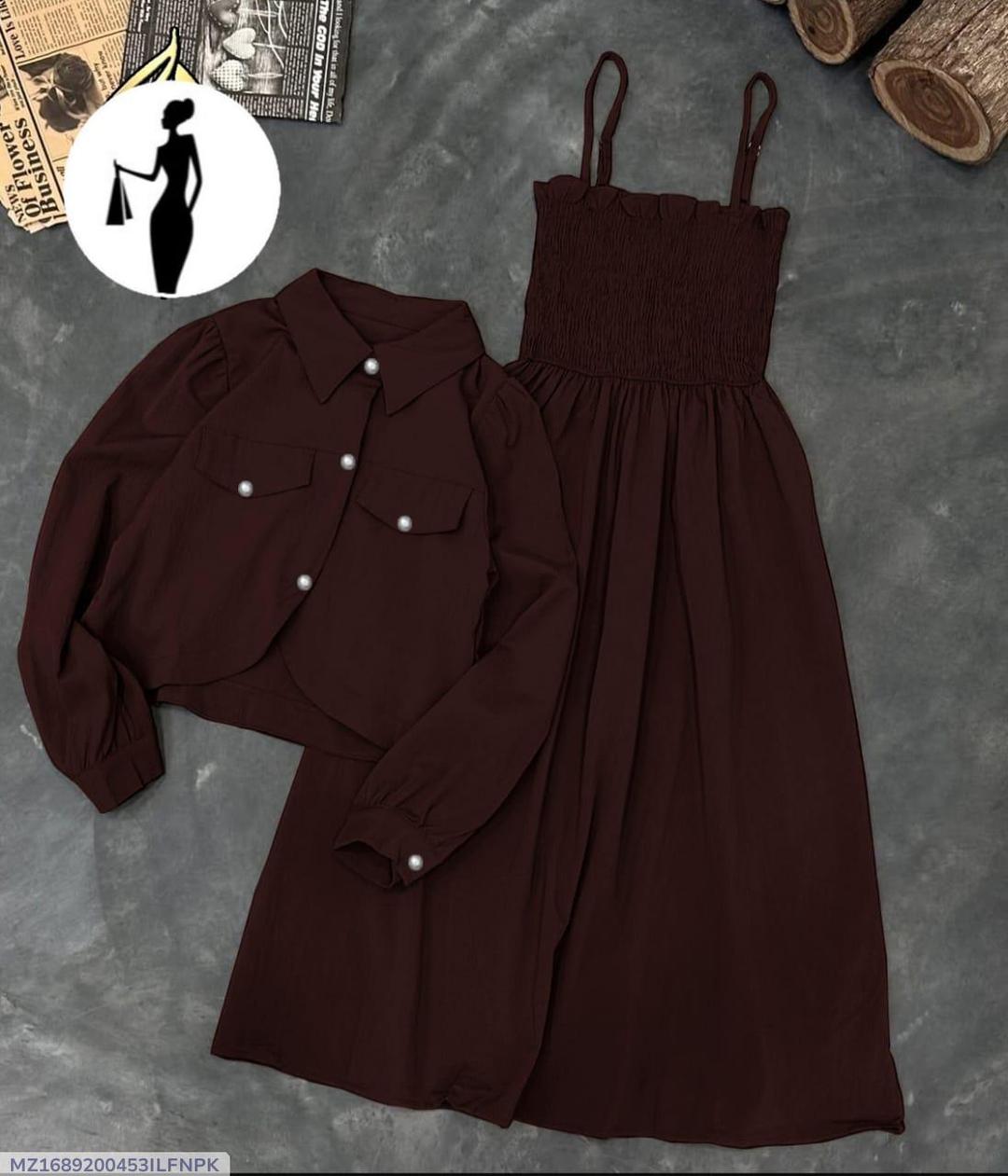 Brown Linen 2Pcs Frock & Jacket Set