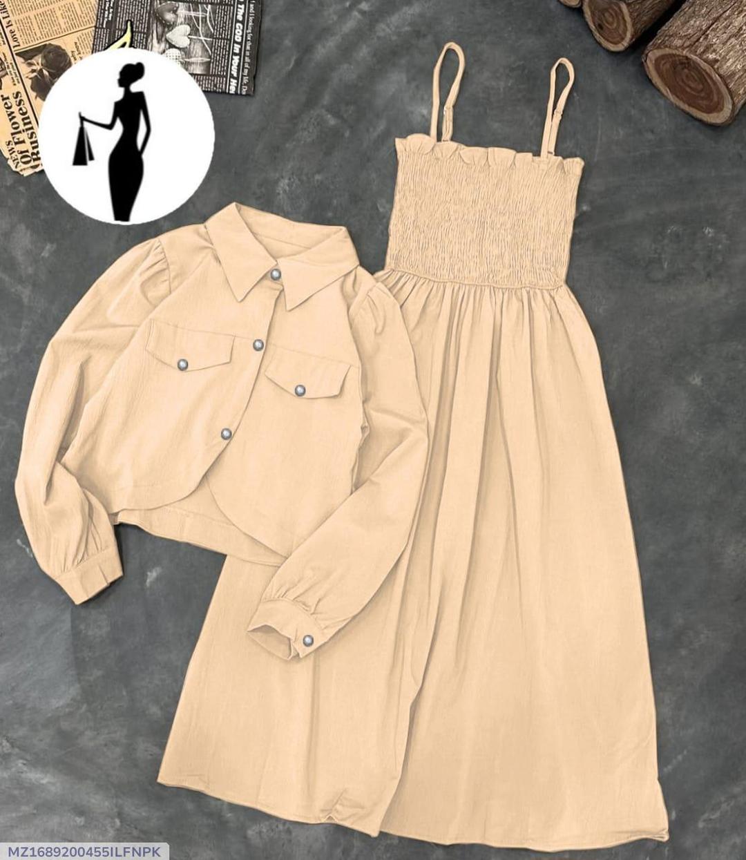 2 Pcs Women Linen Frock Jacket Set Beige