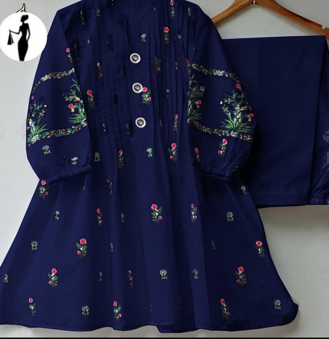 2 Pcs Women's Stitched Cotton Embroidered Shirt And Trouser