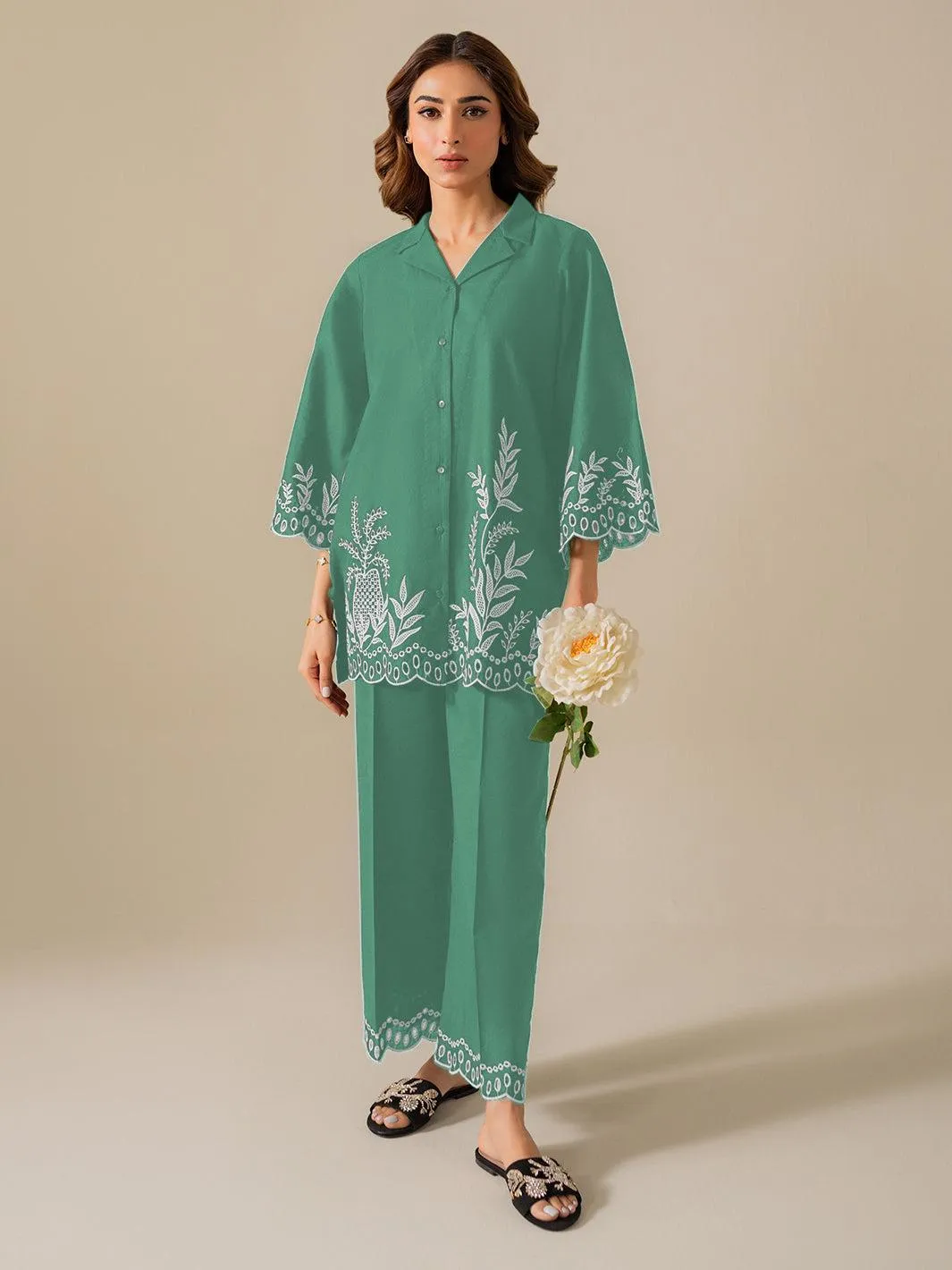 2 Pcs Women's Stitched Cotton Embroidered Shirt And Trouser