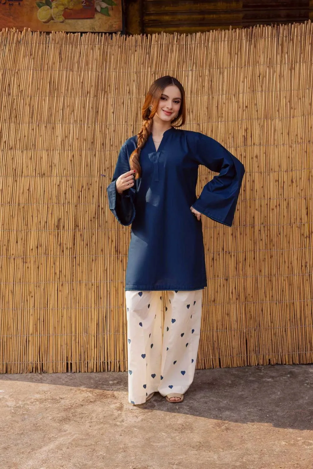 2 Pcs Women's Stitched Cotton Plain Shirt And Trouser