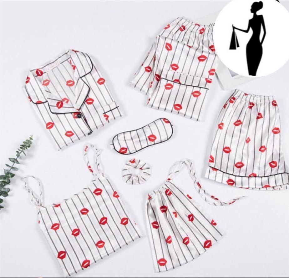 5 Pcs Women's Stitched Silk Printed Night Suit