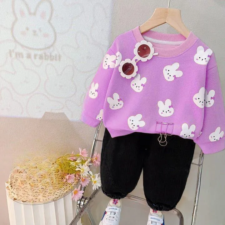 2 Pcs Girl's Fleece Printed Tracksuit