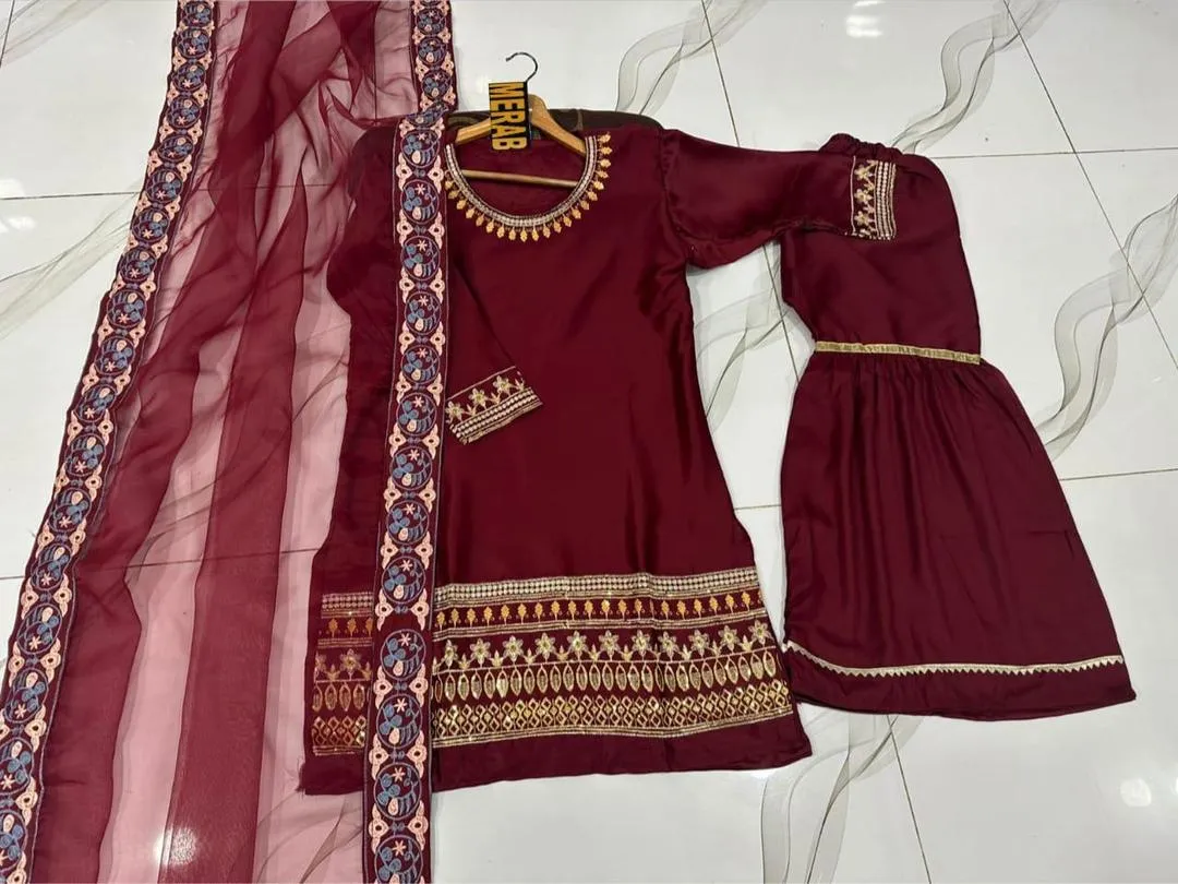 Maroon Embroidered Shamoz Silk 3Pcs Gharara Set