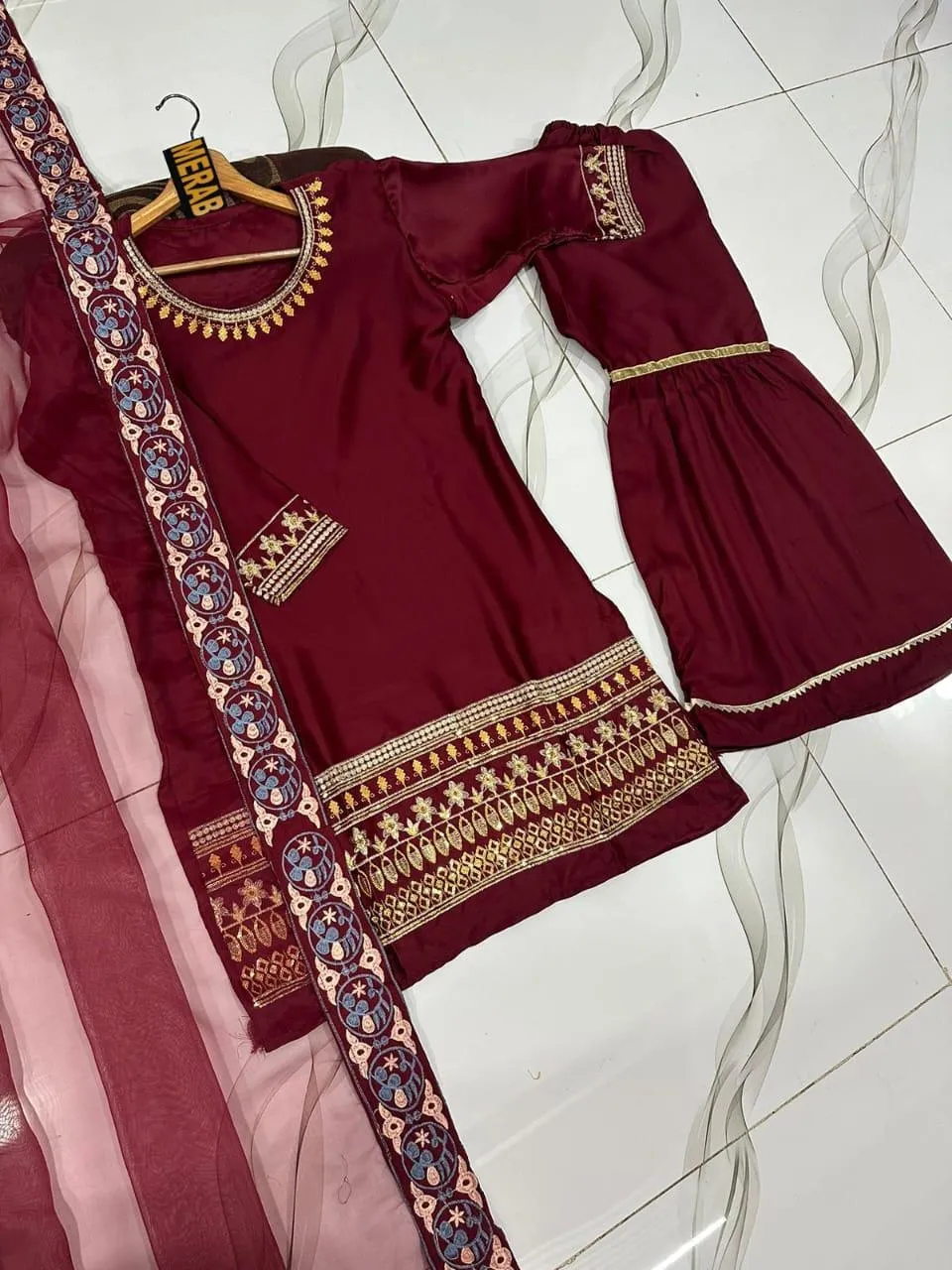 Maroon Embroidered Shamoz Silk 3Pcs Gharara Set