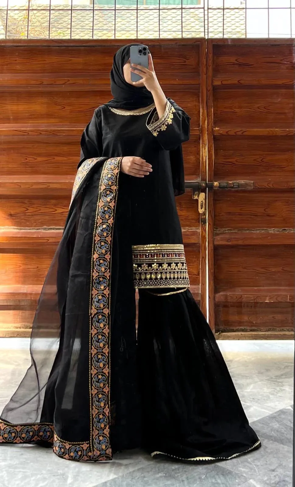 3 Pcs Women Embroidered Shamoz Silk Gharara Set Black