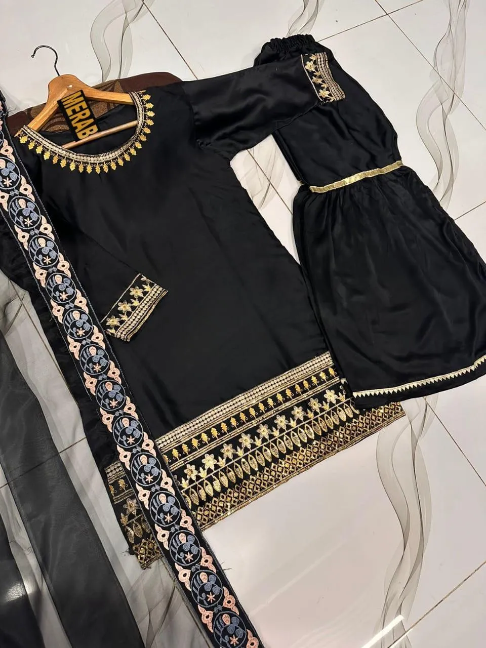 3 Pcs Women Embroidered Shamoz Silk Gharara Set Black